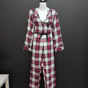 Victoria Secret Flannel Long Pajama Set Medium Embroidered Collar Print